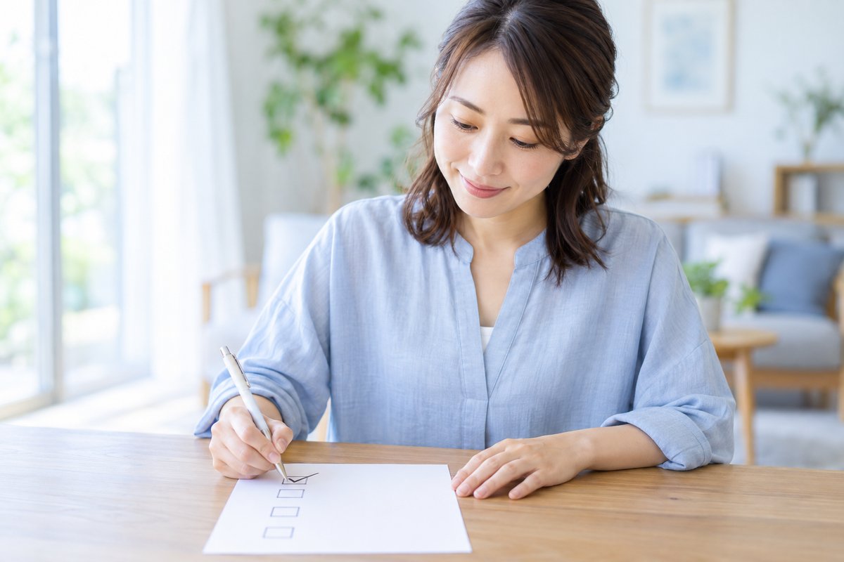 30代の女性がテーブルでチェックリストに印を付けながら、手順を理解した様子で落ち着いた表情をしている