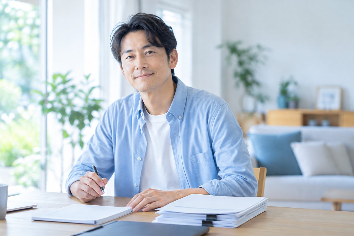 40代の男性が自宅のテーブルで書類を整理し終え、ほっとした穏やかな表情で前を向いている