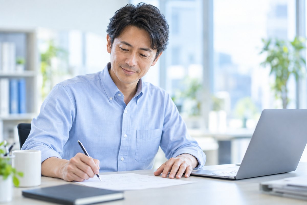 40代の男性がパソコンの前で担当業務の一覧を書き出しながら、内容を理解した様子で落ち着いた表情をしている