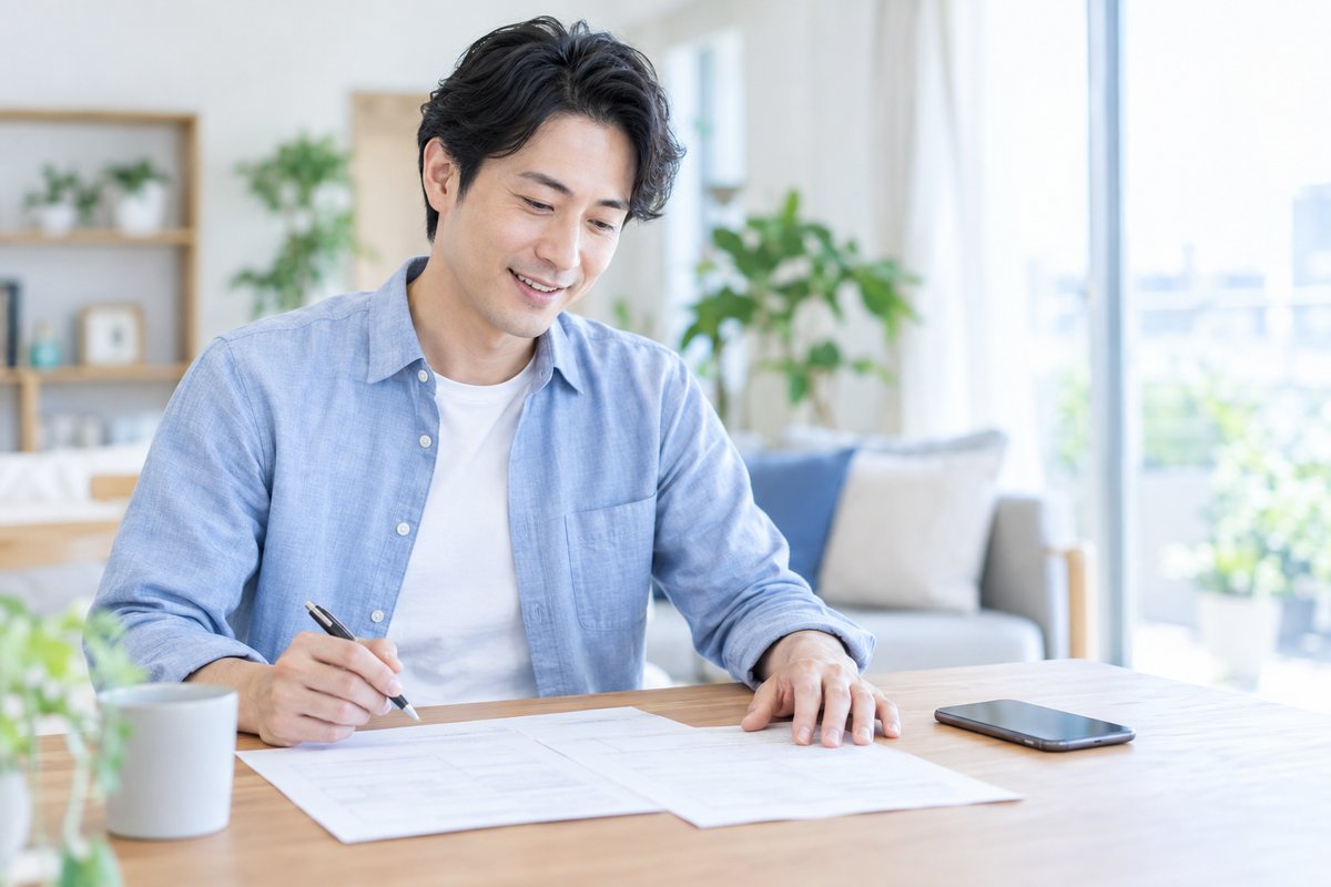 30代の男性が自宅のテーブルで書類とスマートフォンを並べ、手続きの見通しが立って安心した表情で確認している