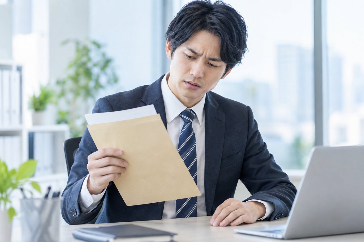 30代の男性がオフィスの机で封筒に入れた書類を手に持ち、眉を寄せて不安そうな表情でうつむいている