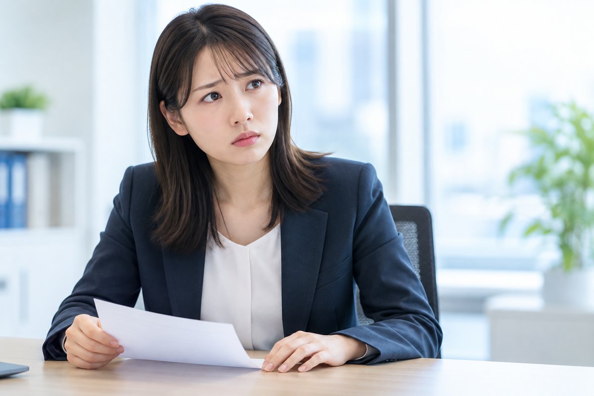 40代の男性上司が腕を組んで渋い顔で話し、向かい合う20代の女性社員が困った表情で聞いている