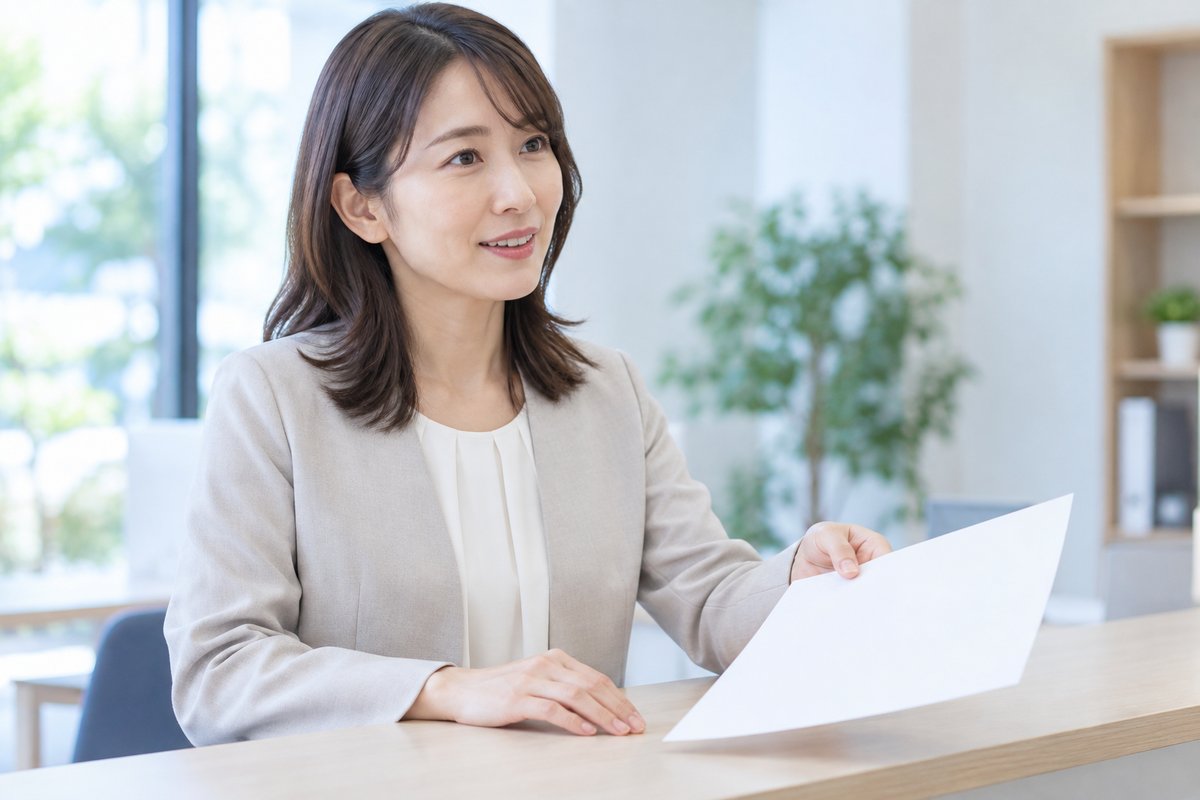 30代の女性が相談窓口のカウンターで担当者に書類を見せながら、落ち着いた表情で説明している