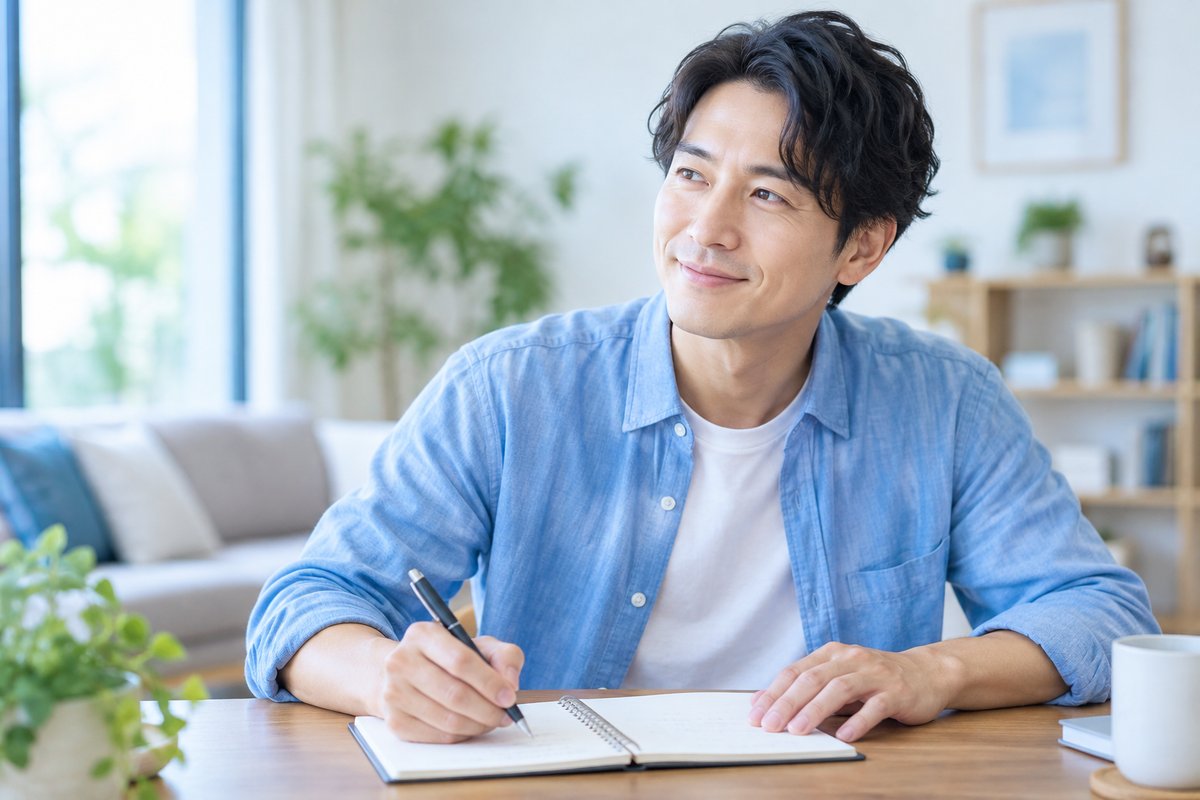 30代の男性が自宅のテーブルでノートに書き出しながら、ほっとした穏やかな表情で計画を立てている