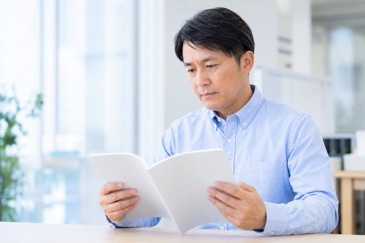 40代の男性が机に向かい、両手で就業規則の冊子を開いて持ち、真剣な表情で内容を確認している上半身のカット
