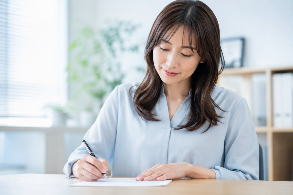30代の女性が机に向かい、右手にペンを持ち左手で用紙を押さえて、落ち着いた表情で書類を書いている上半身のカット