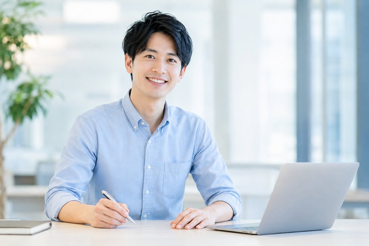 30代の男性がノートパソコンの前で両手を机に軽く置き、安心した笑顔を見せている上半身のカット