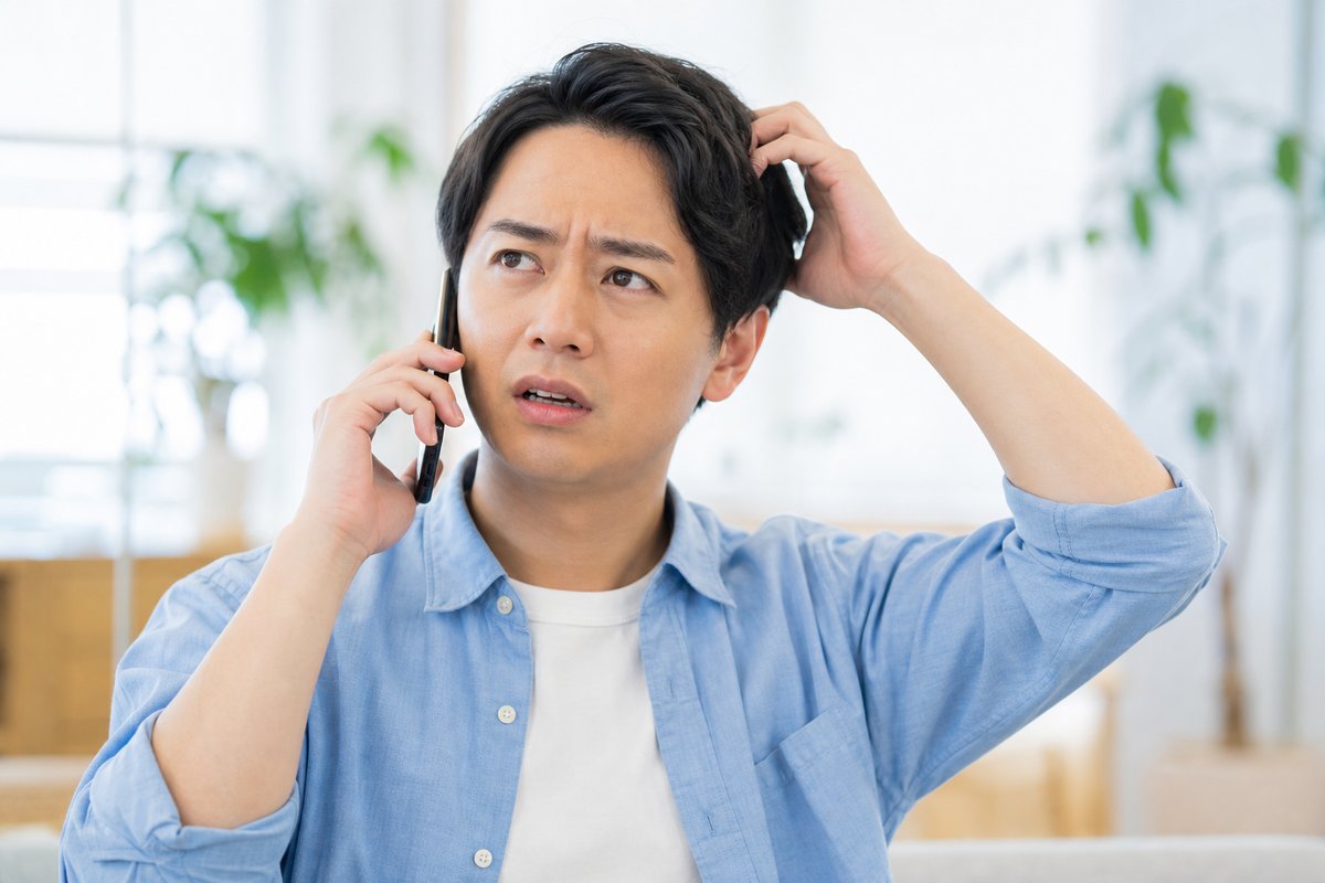 30代の男性が電話を片手に、困惑した表情で頭をかきながら話している
