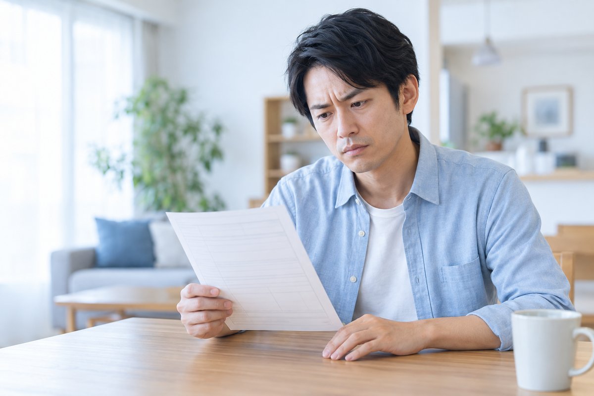 30代の男性が自宅のダイニングテーブルで離職票を手に持ちながら、眉を寄せて不安そうな表情で考え込んでいる