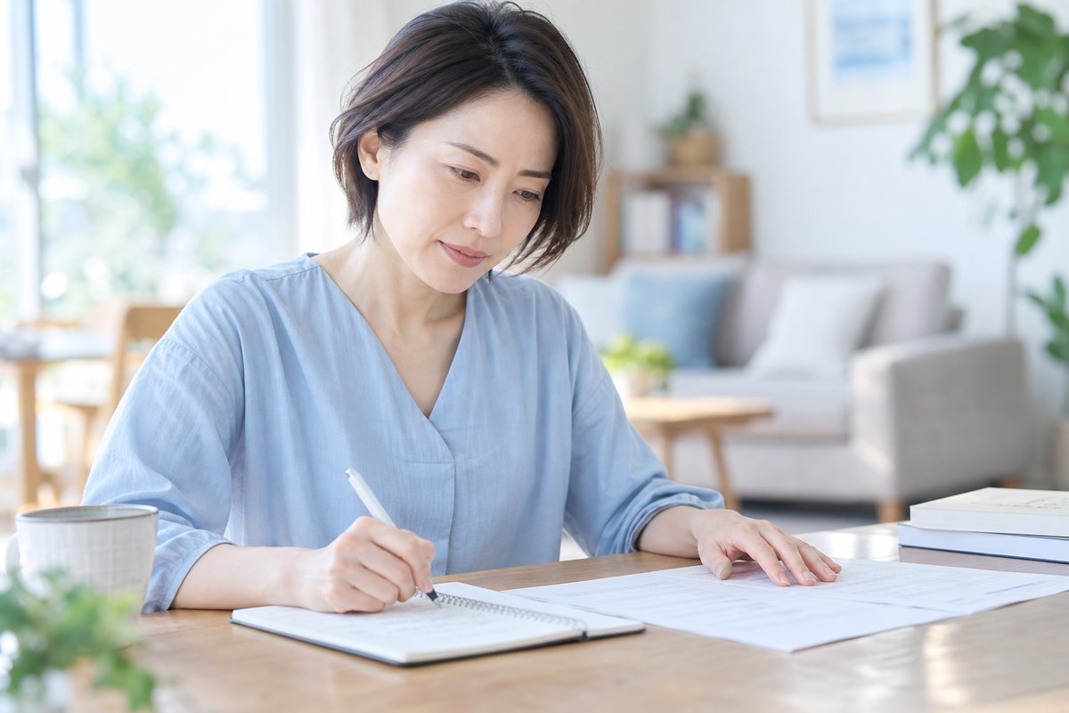 40代の女性がノートに書き出しながら、資料と見比べて内容を理解し始めた真剣な表情を見せている
