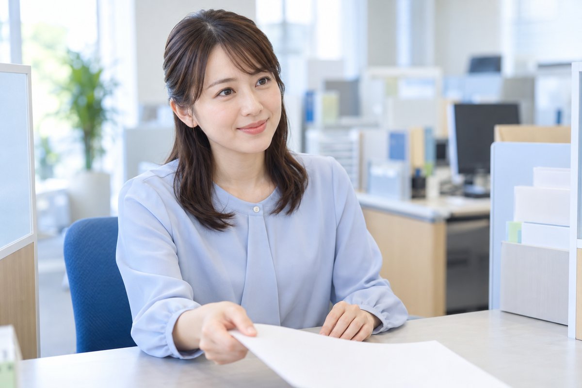30代の女性がハローワークの窓口で職員に書類を手渡しながら、説明を聞いて納得した表情でうなずいている