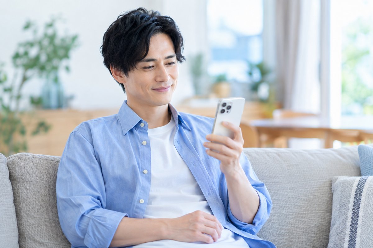 30代の男性が自宅のソファでスマートフォンを見ながら、見通しが立って安心した穏やかな表情を浮かべている