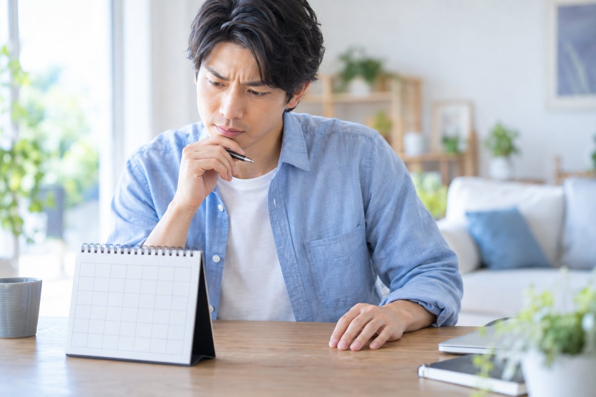 30代の男性が自宅の机でカレンダーを見ながら、眉を寄せて退職を切り出す時期を決めかねている