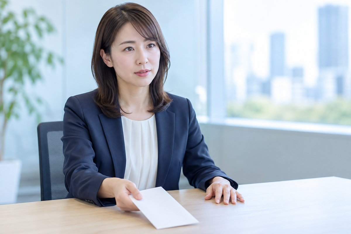 30代の女性が会議室で上司と向かい合って座り、落ち着いた表情で退職の意思を伝えている