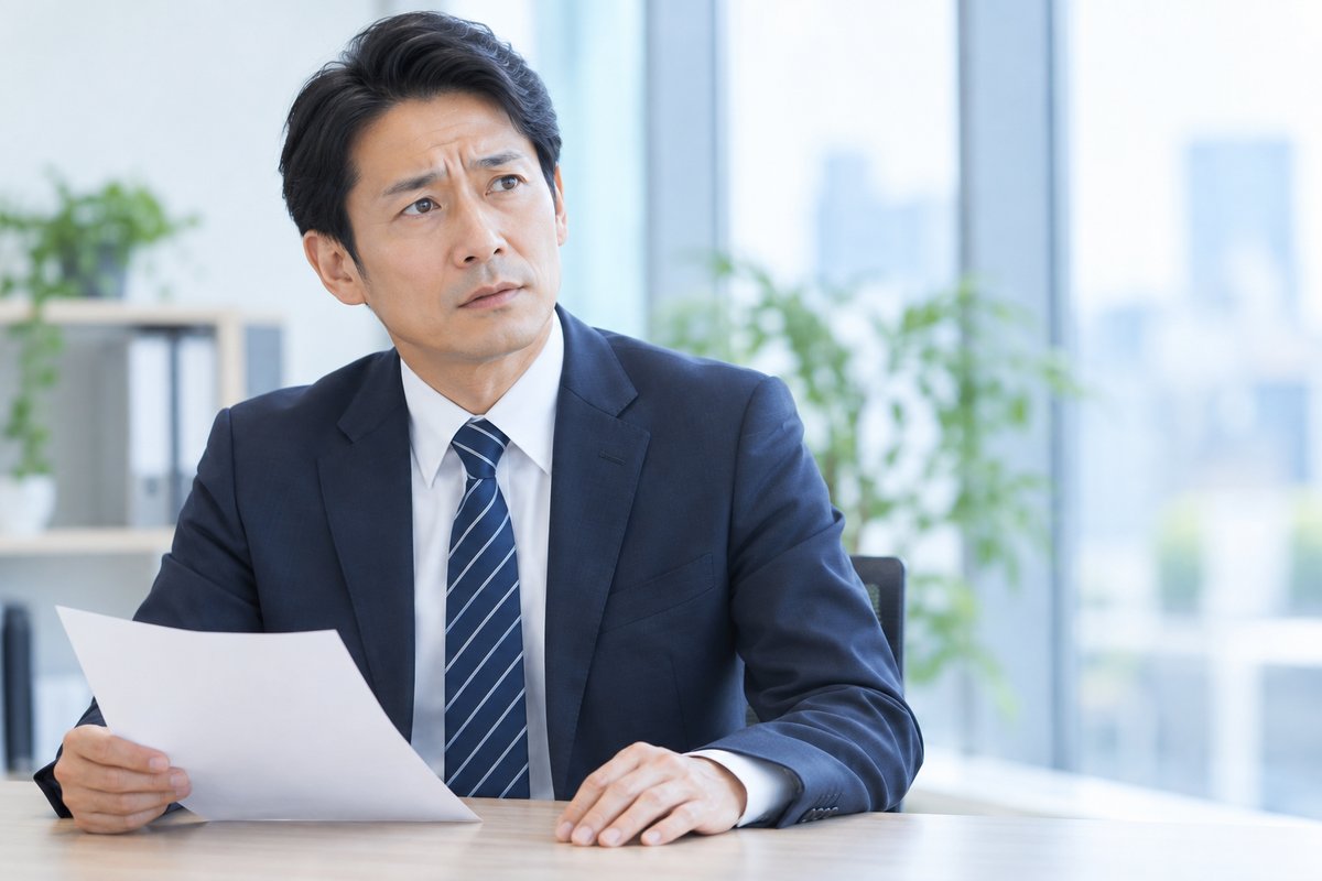 40代の男性が上司から引き止められている場面で、困った表情をしながらも姿勢を崩さず話を聞いている
