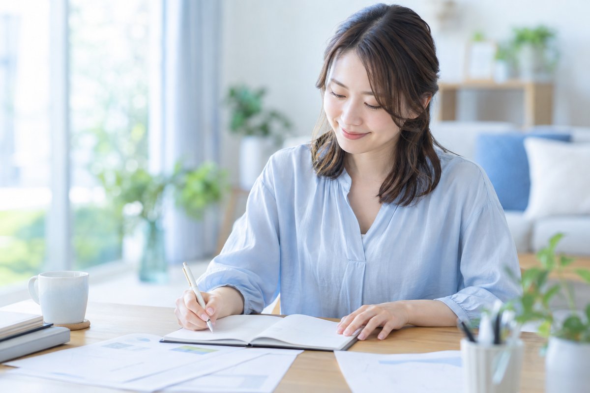 30代の女性が自宅のテーブルで書類とスケジュール帳を広げ、안심した表情で退職後の予定を書き込んでいる