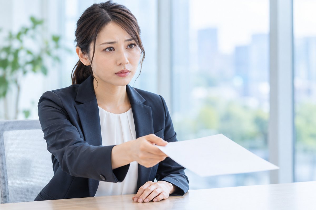 会議室で30代の女性社員が向かいに座る上司に書類を差し出しながら、緊張した表情で退職の意思を伝えている