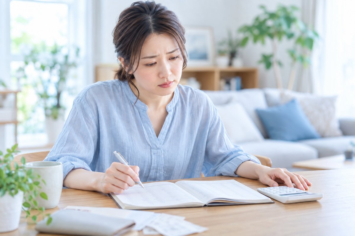 30代の女性が自宅のテーブルで電卓と家計簿を広げ、心配そうな表情で退職後の生活費を計算している