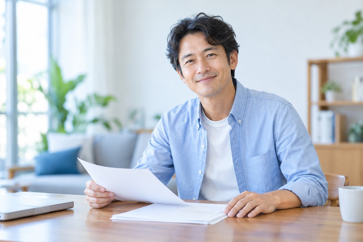 40代の男性が自宅のテーブルで書類を手元に整え、肩の力が抜けた安心した表情で前を向いている