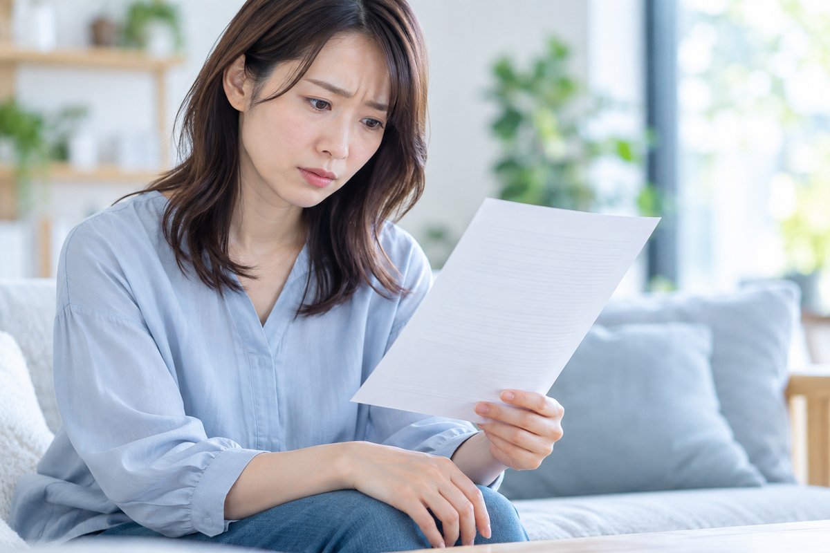 30代の女性が自宅のソファで申請書を手に持ちながら、眉を寄せて不安そうな表情で考え込んでいる