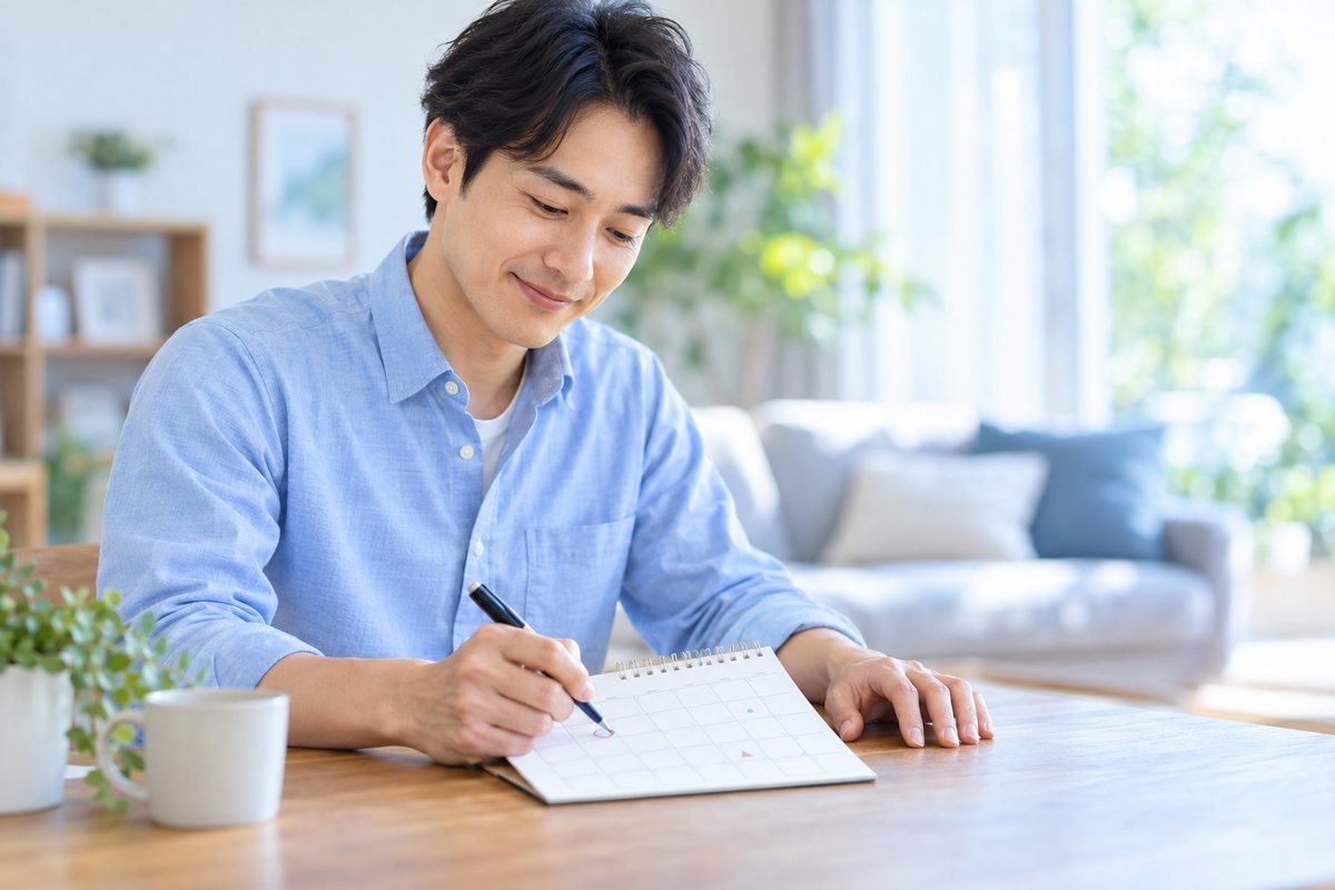 30代の男性がカレンダーに受診日を記入しながら、見通しが立って落ち着いた表情を見せている
